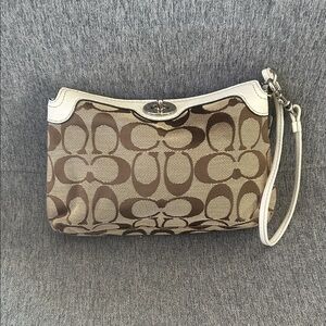 Coach Signature Canvas Wristlet in Brown and Cream